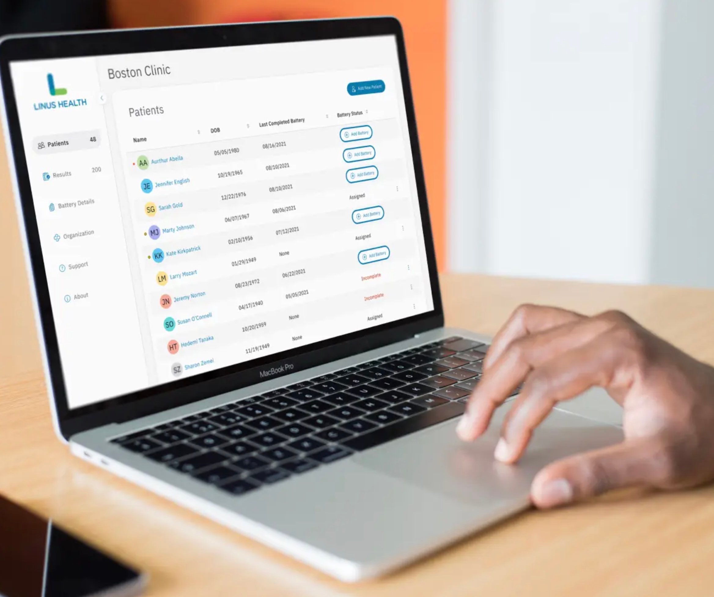 Laptop highlighting the Linus Health digital cognitive assessment platform. Backed by several decades of research, this cognitive testing platform provides great insights into a patient's cognitive function and aid in the detection of Alzheimer's and other dementias