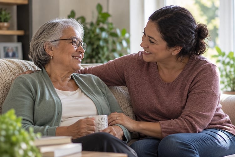 woman comforting her smiling older mother on the couch