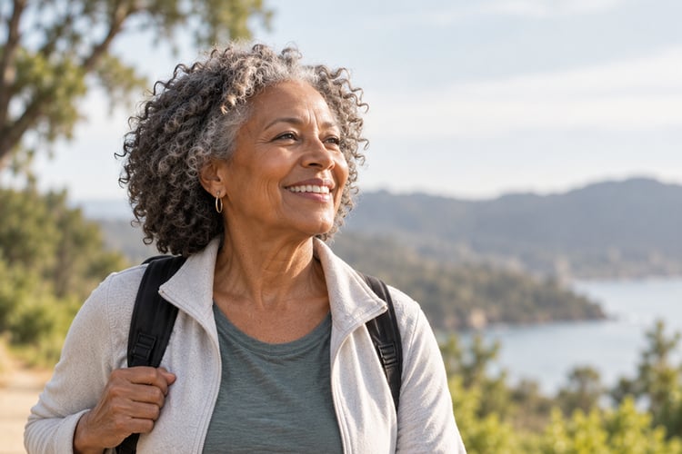 smiling older woman with a backpack hiking by the water