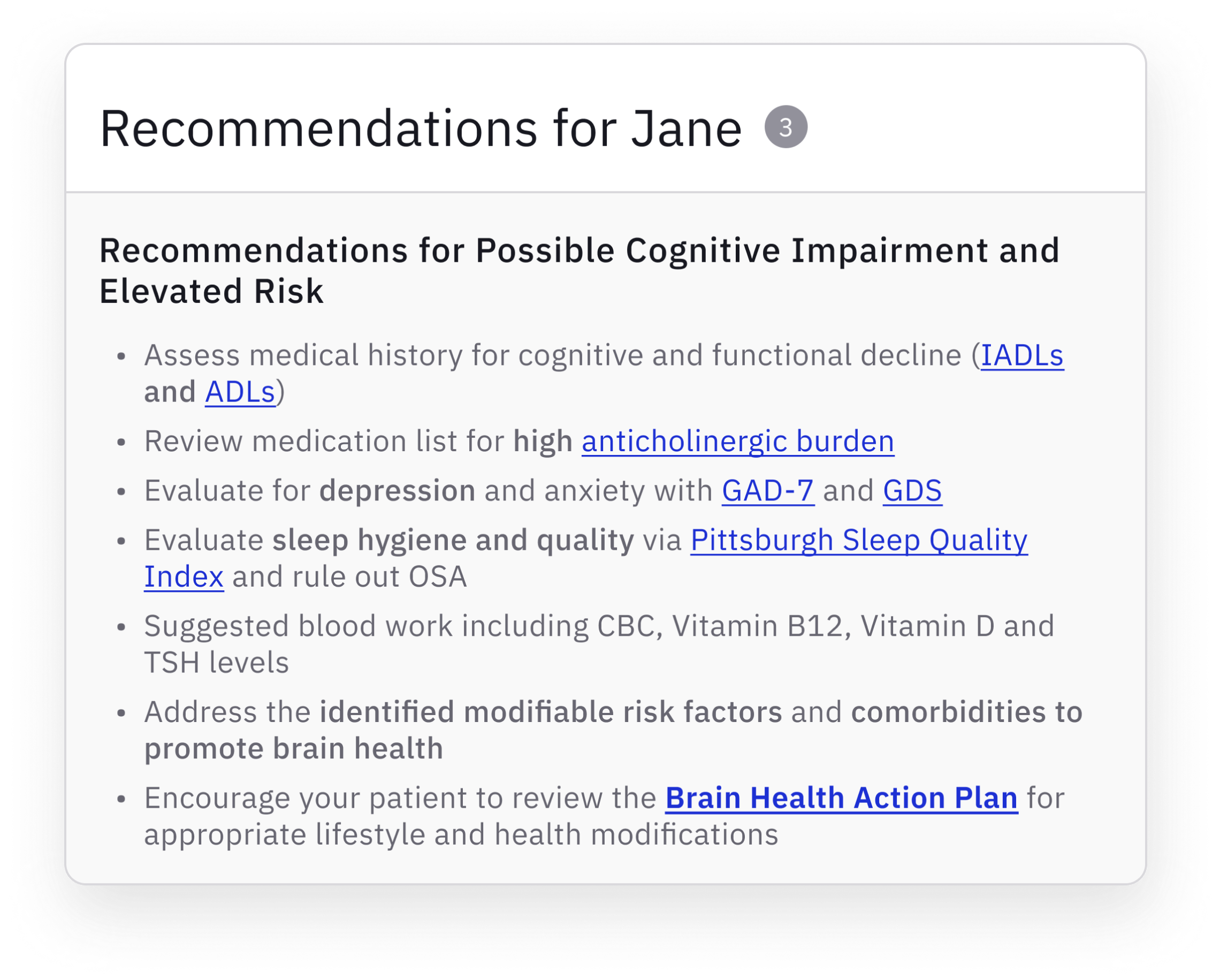 Screenshot of the Clinical Guidance support from Linus Health's Digital Cognitive Assessment platform. Modern cognitive testing employs artificial intelligence to provide healthcare providers with care recommendations for patients showing early signs of cognitive impairment, Alzheimer's and other dementias. Interventions can help providers improve patient care and help improve a patient's cognitive function performance