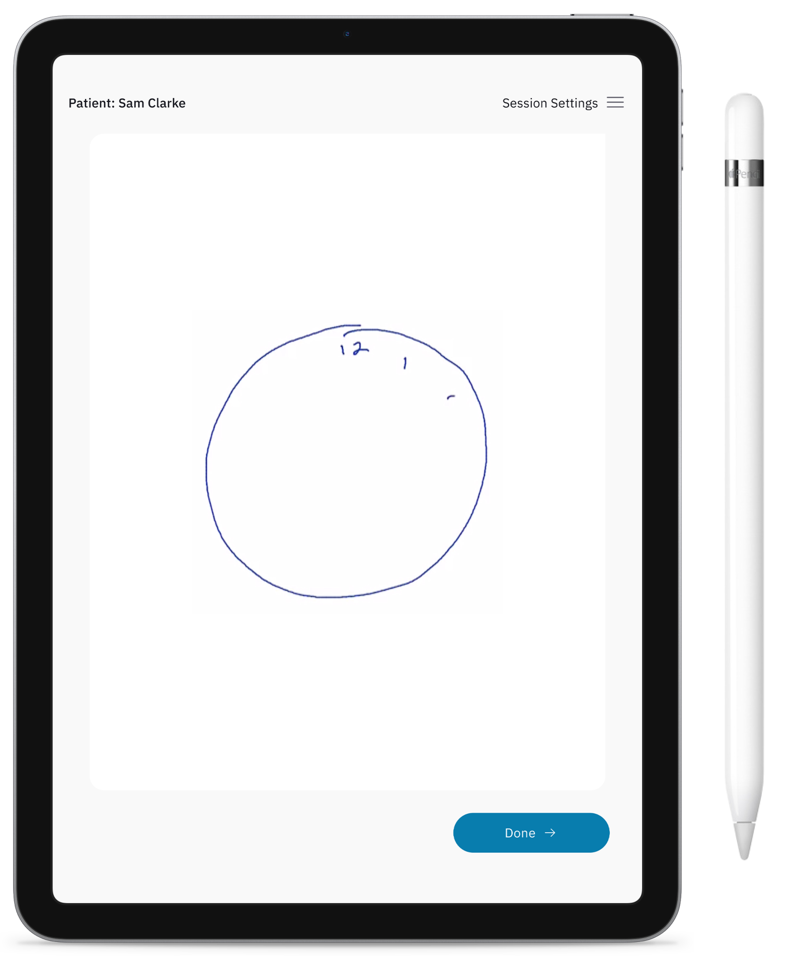 iPad showing a clock drawing test for Alzheimer's and dementia. Digital cognitive assessments offer greater insights into a patient's cognitive function over traditional cognitive testing methods.