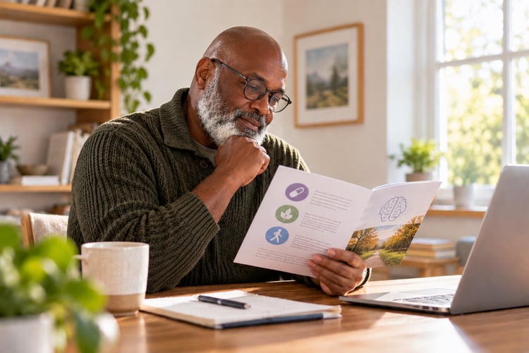 older man reading a brain health brochure at his kitchen table