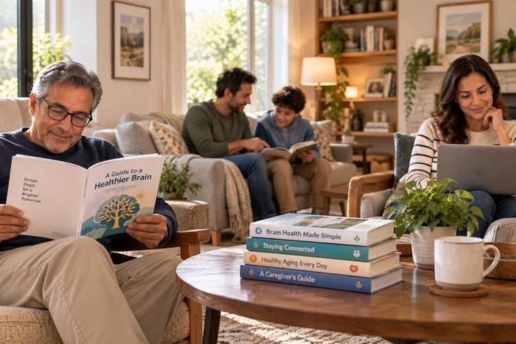 older man reading a brain health guide in a family living room