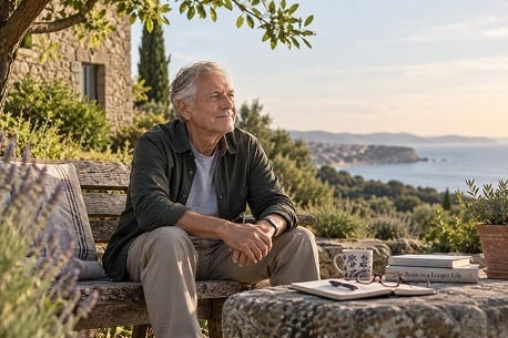 older man sitting on a garden bench overlooking the sea