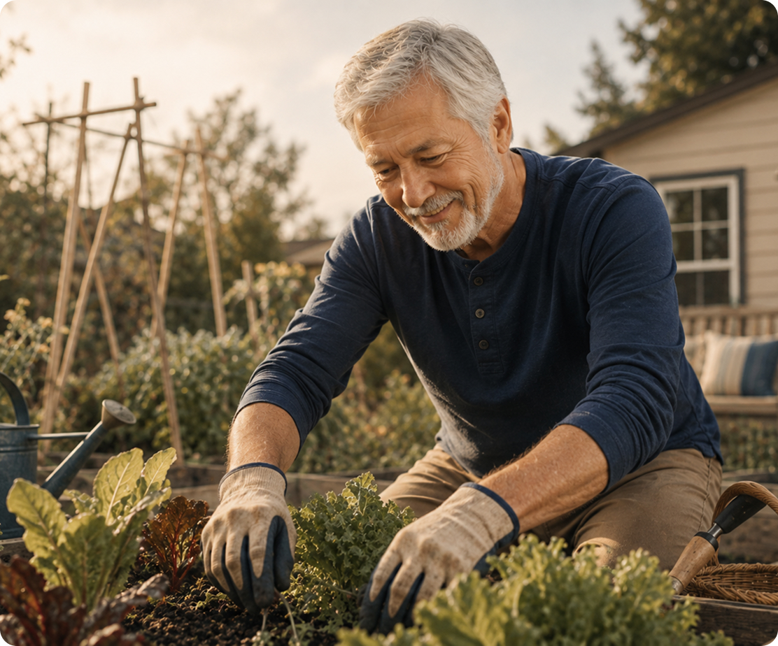 older man smiling while tending a raised garden bed