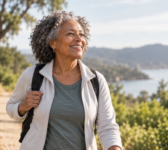 smiling older woman with a backpack hiking by the water