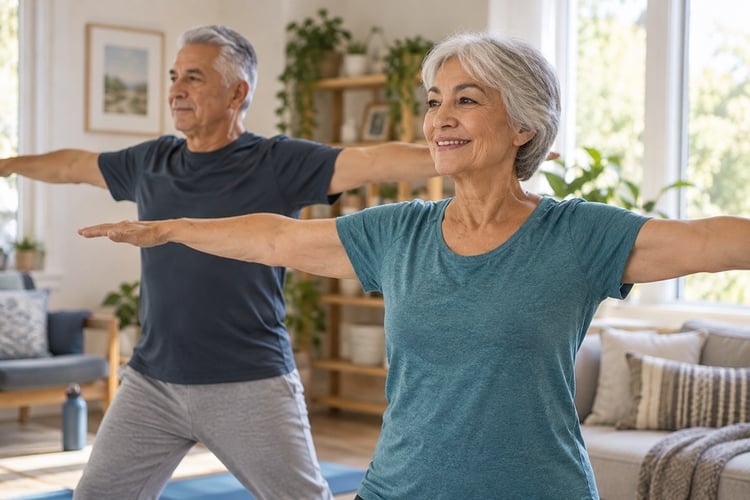 older couple doing a stretching exercise at home