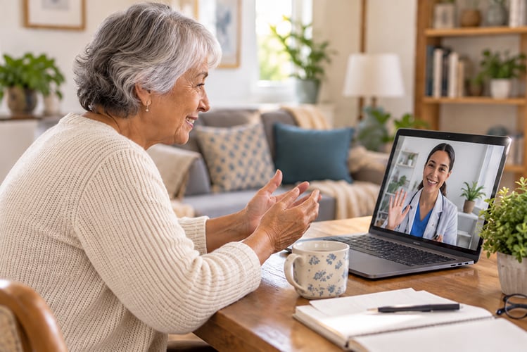 older woman on a video call with her doctor