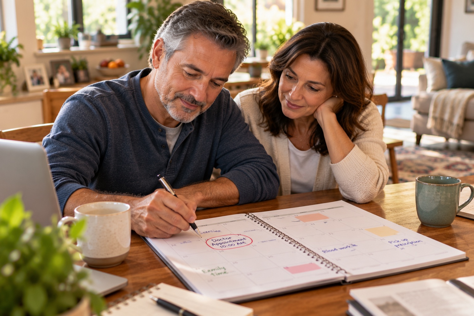couple marking a doctor appointment in a planner at the kitchen table