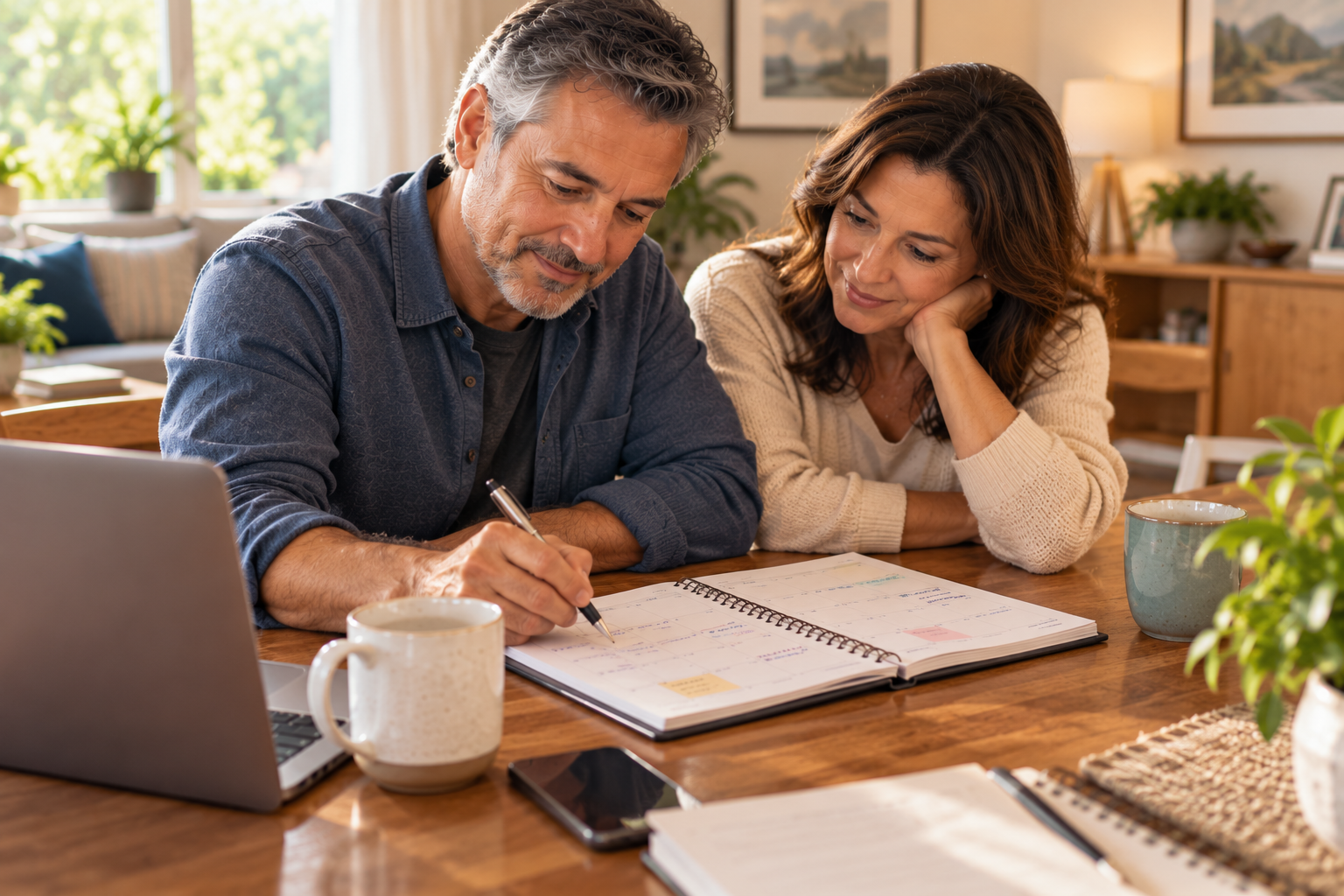 couple writing in a planner together at the kitchen table