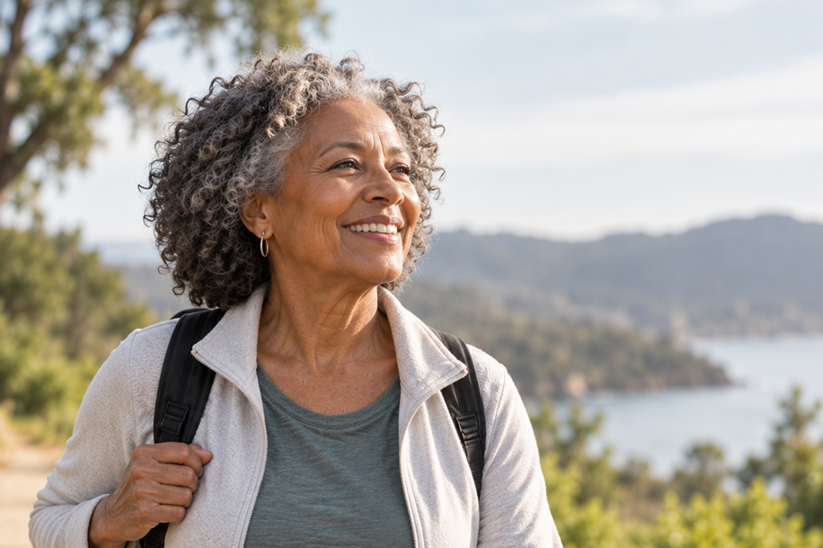 smiling older woman with a backpack hiking by the water