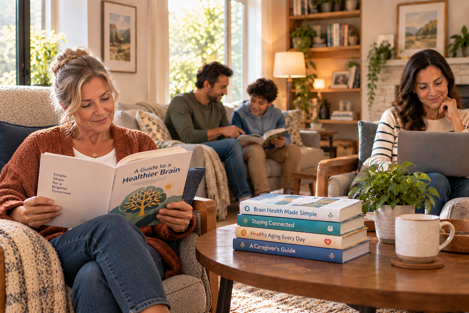 family reading brain health books together in a cozy living room