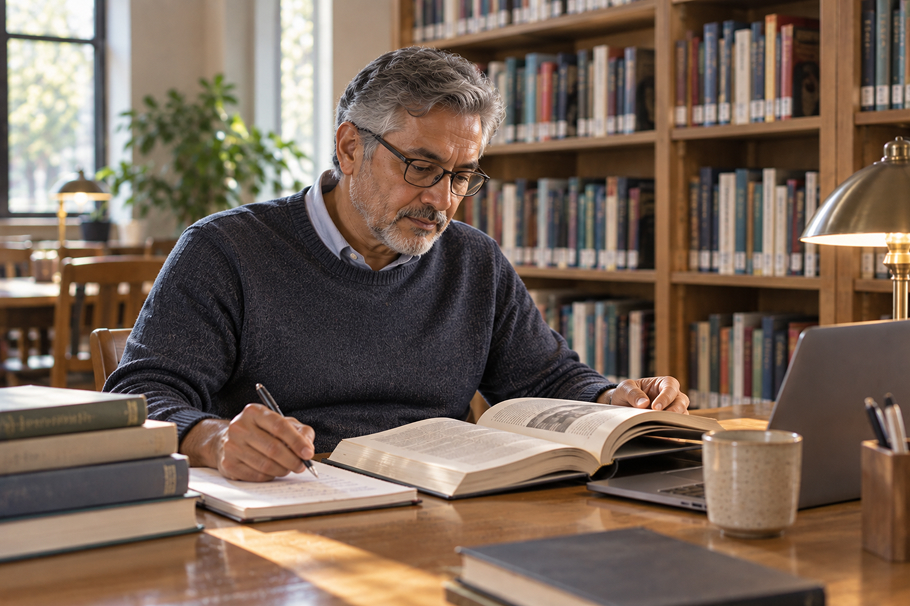man reading and taking notes at a library table
