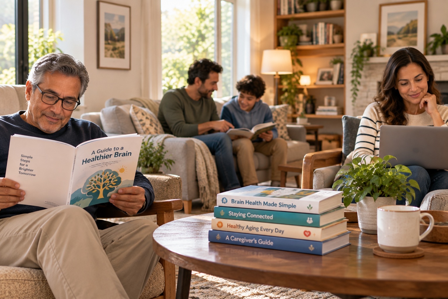 older man reading a brain health guide in a family living room
